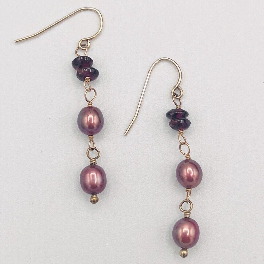 Leach Garner Earrings‎ Gold Over Sterling Silver Garnet Wine Pearl Dangle Drop